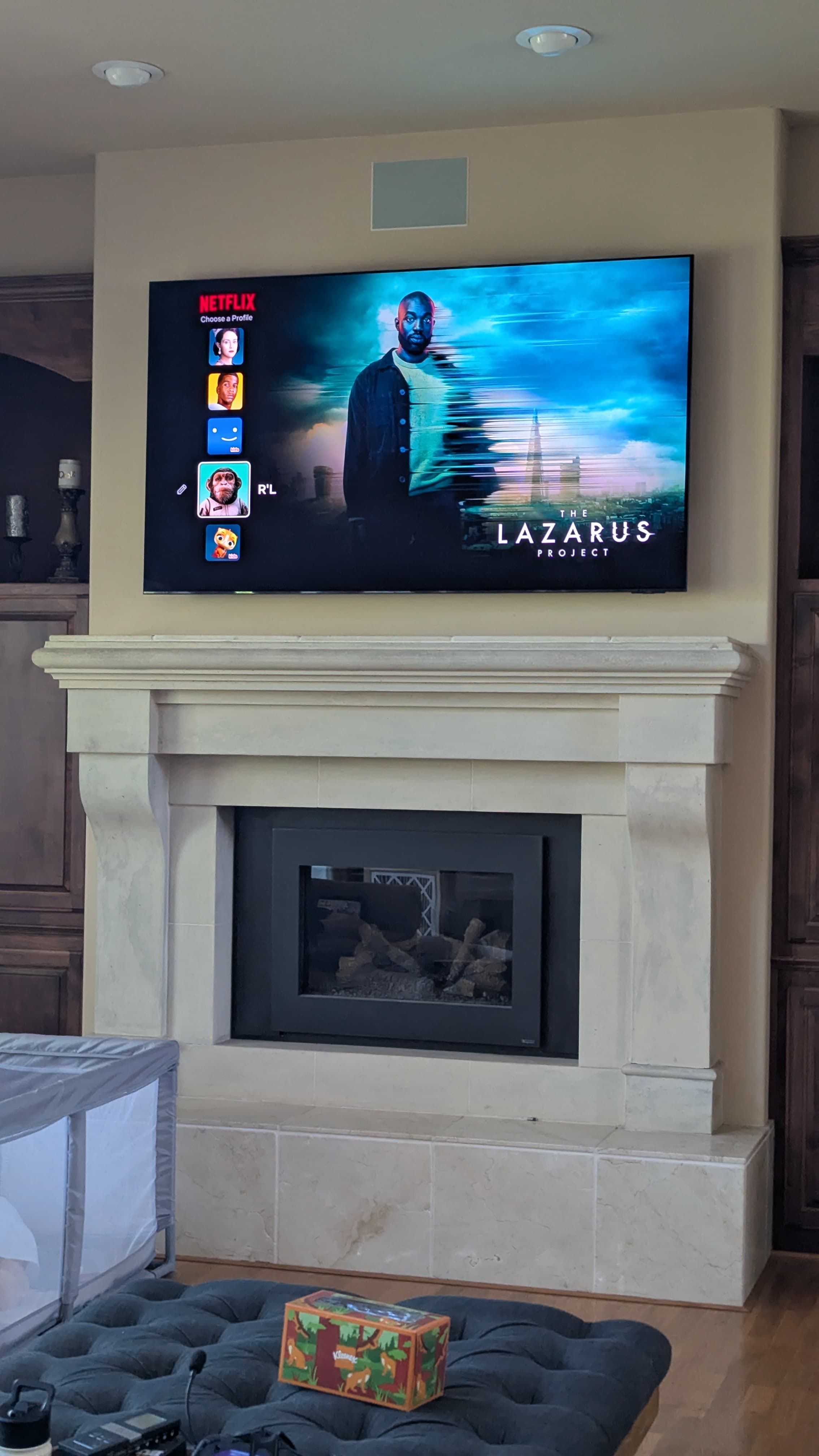 TV above stone fireplace with wood built-ins in Granite Bay, CA