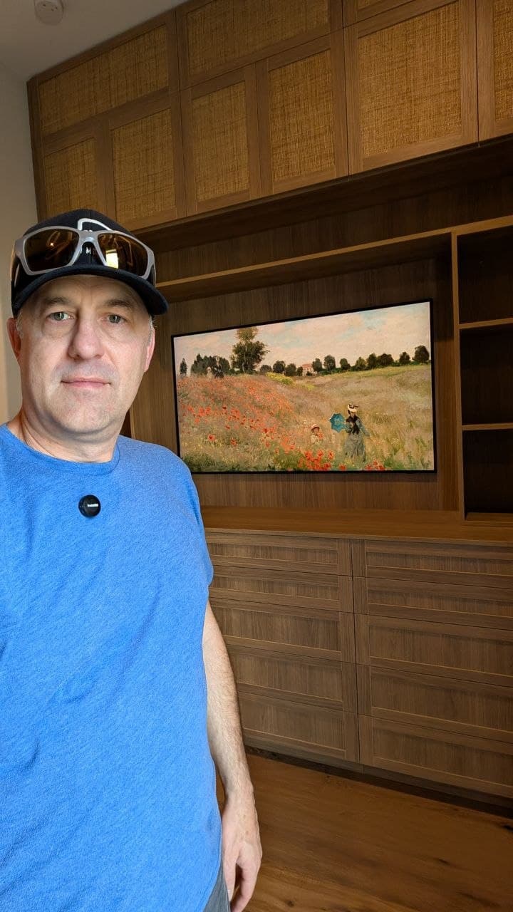 Dan in front of Samsung TV mounted in new custom built-in cabinet in El Dorado Hills, CA