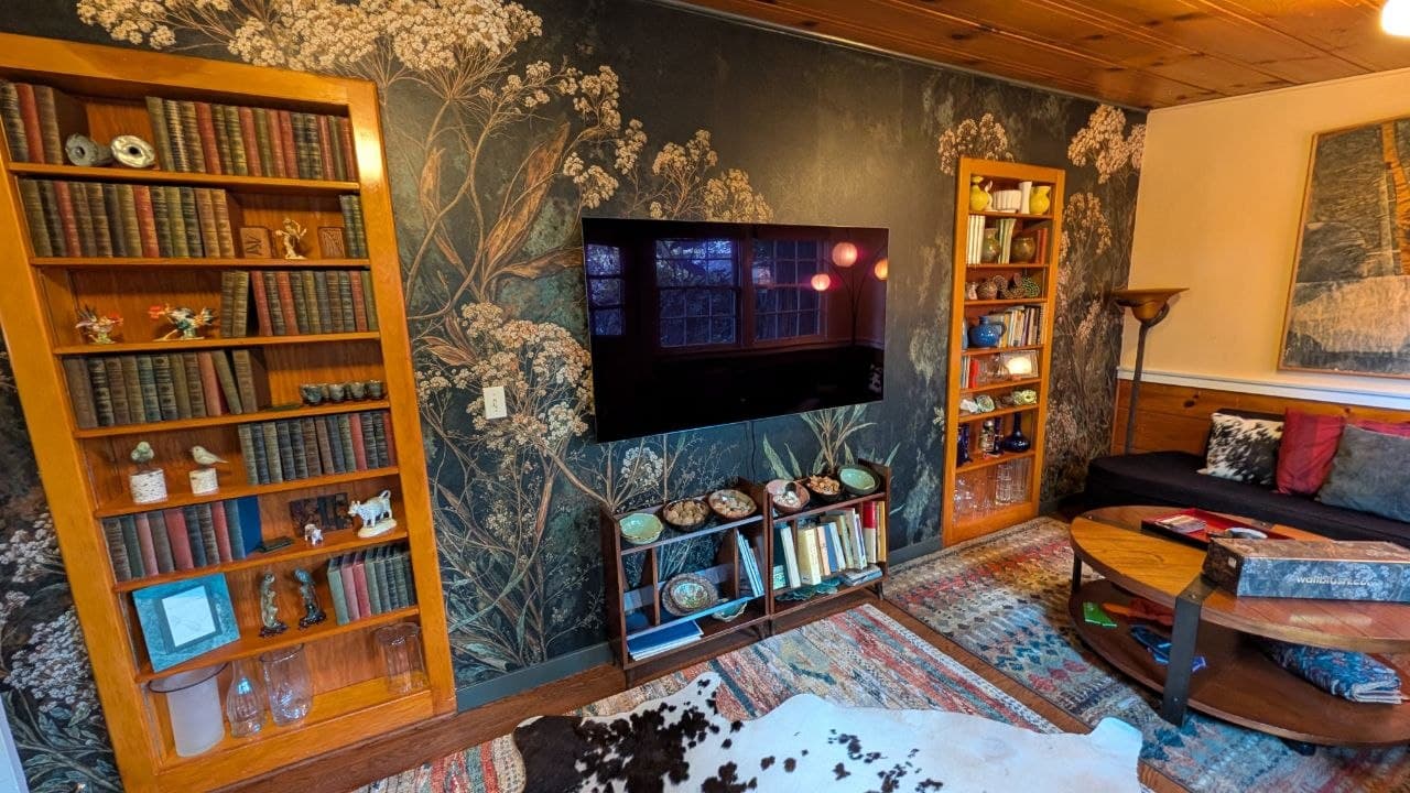65-inch LG C5 on Sanus full motion mount centered on botanical wallpaper mural between two built-in bookshelves in Sacramento, CA