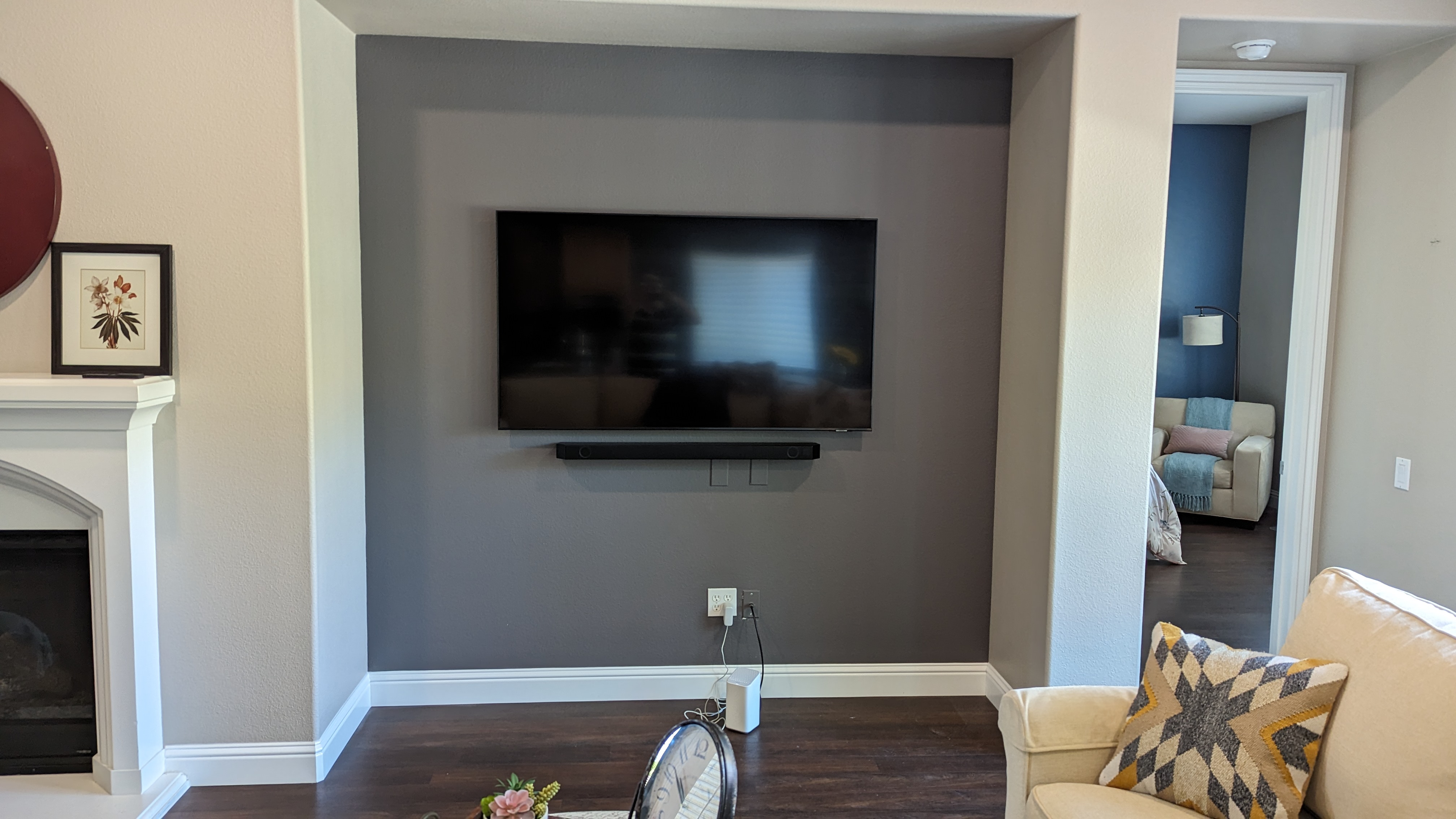 TV and soundbar in gray accent niche in Roseville, CA
