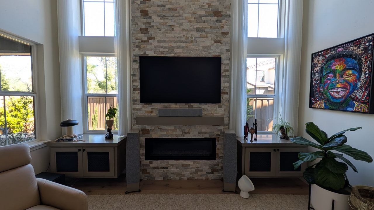 Samsung Frame TV mounted on stacked stone fireplace in Granite Bay, CA